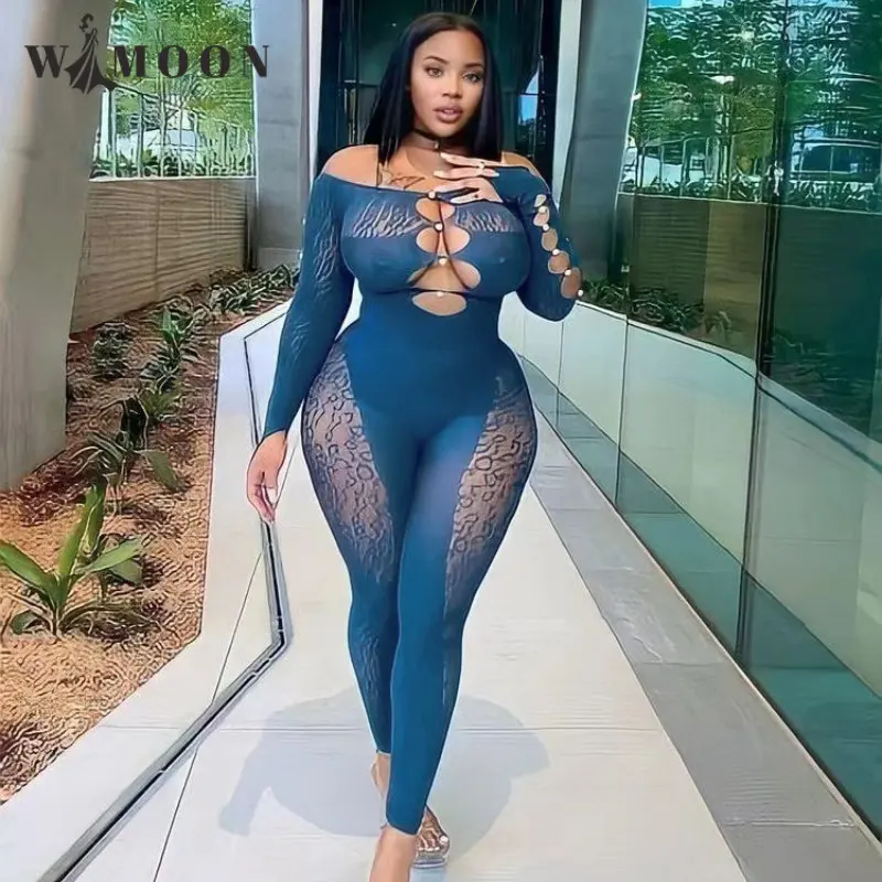 

Sexy Leopard Sheer Mesh Off Shoulder Hollow Beading Jumpsuit Women Elegant Skinny Club Party Body See Through Romper Night Out