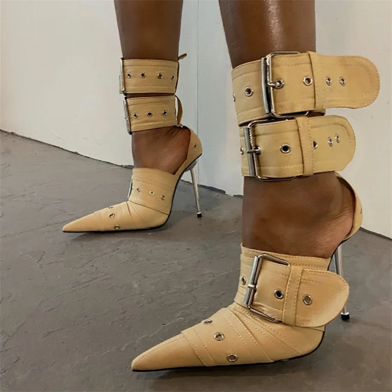 Denim Metal Rivet Buckle Silver Sandals Women\'s Sexy Punk Style Pointed Metal Hollow 12cm High Heels Size 34-43 Womens Shoes