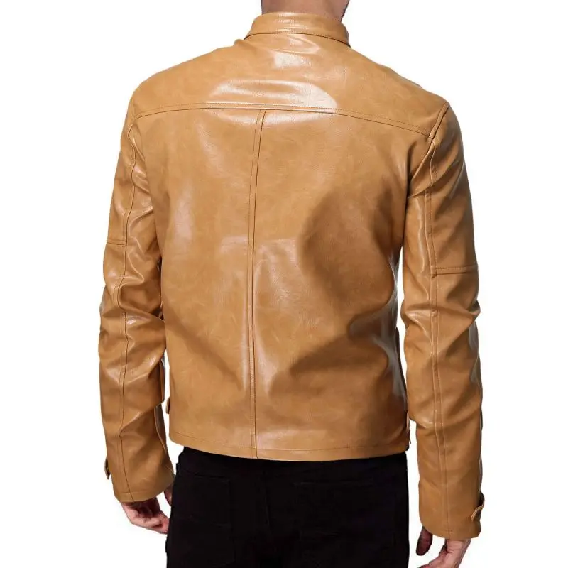 New men's casual solid color versatile motorcycle leather jacket, men's youth standing collar punk leather jacket