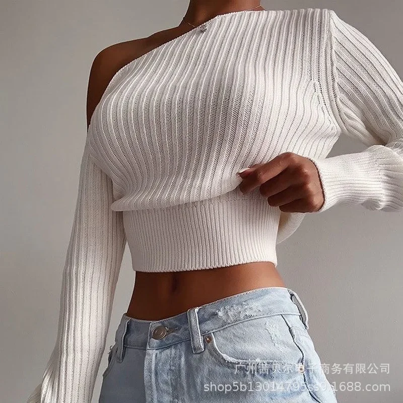 

New Underwear Slanted Shoulder Cropped Sweater for Women