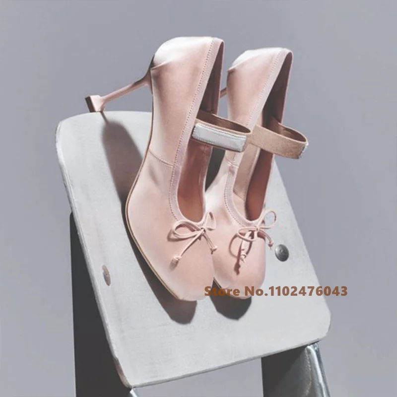 

Luxury Silk Bowknot High Heel Brand Ballet Shoes Women Ballet Round Toe High Heel Slip On Pumps Fashion High Quality Shoes