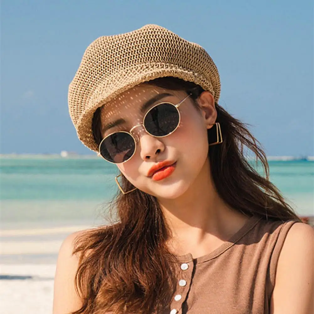

Women Sunhat Sun Protection Breathable Hollow Out Solid Color Short Brim Anti-UV Thin Artist Painter Hat Women Headwear 여름모자