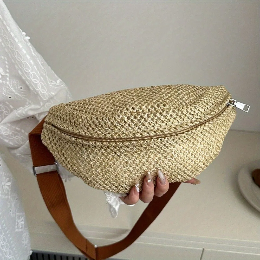 Women's woven crossbody bag with zipper closure - light brown bohemian style waist bag, breathable woven lining 1