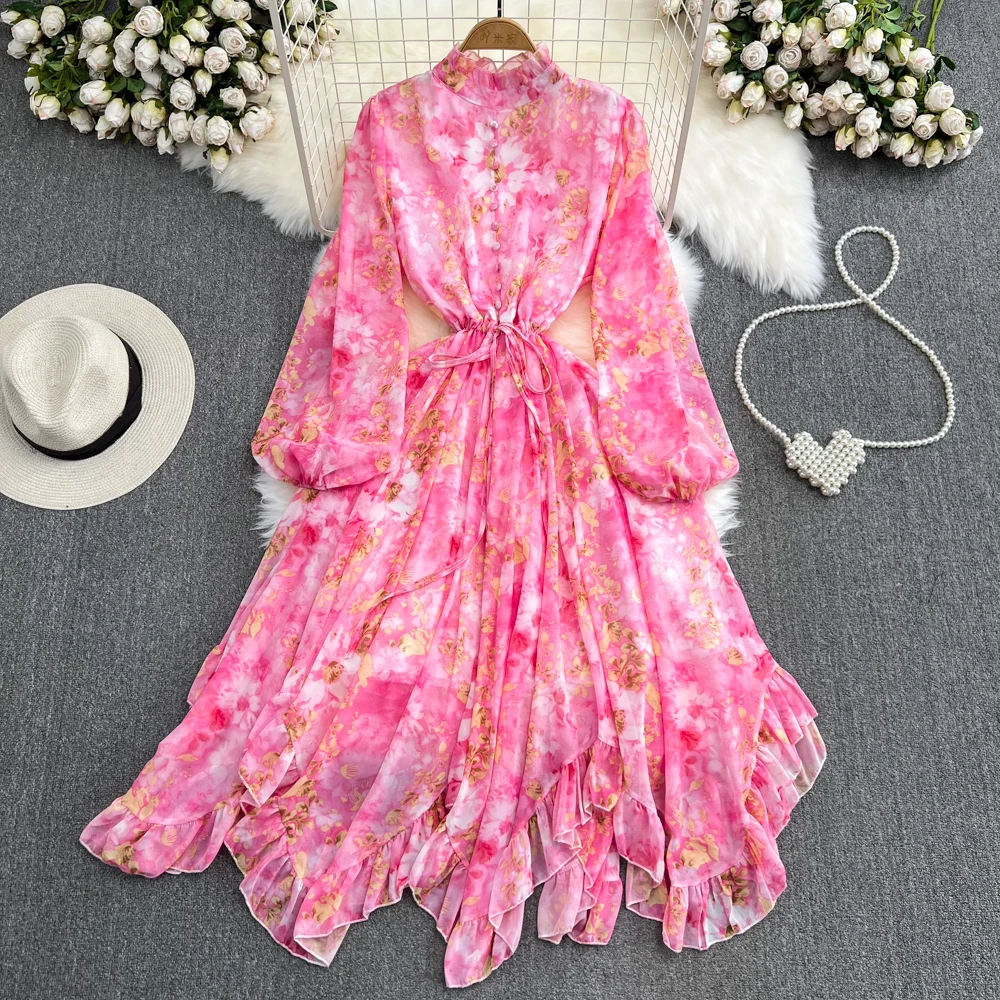 Retro Floral Print Bandage Elegant Chiffon Dress A-line