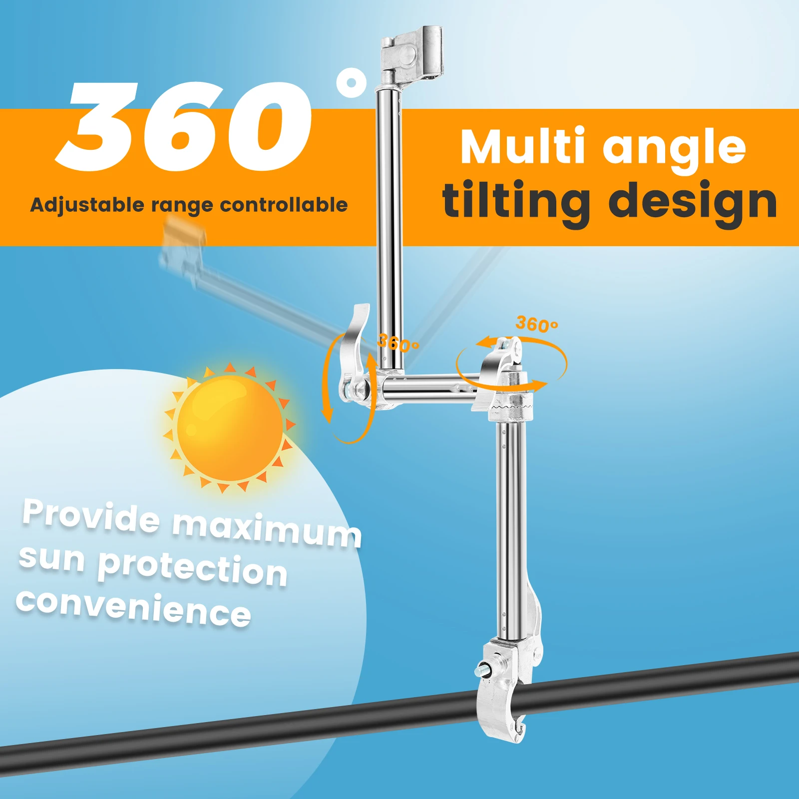 Stroller Umbrella Mount Holder Stainless Steel Adjustable Golf Umbrella Clamp 2/3Fold 360° Rotation Bicycle Sunshade Fixing Clip