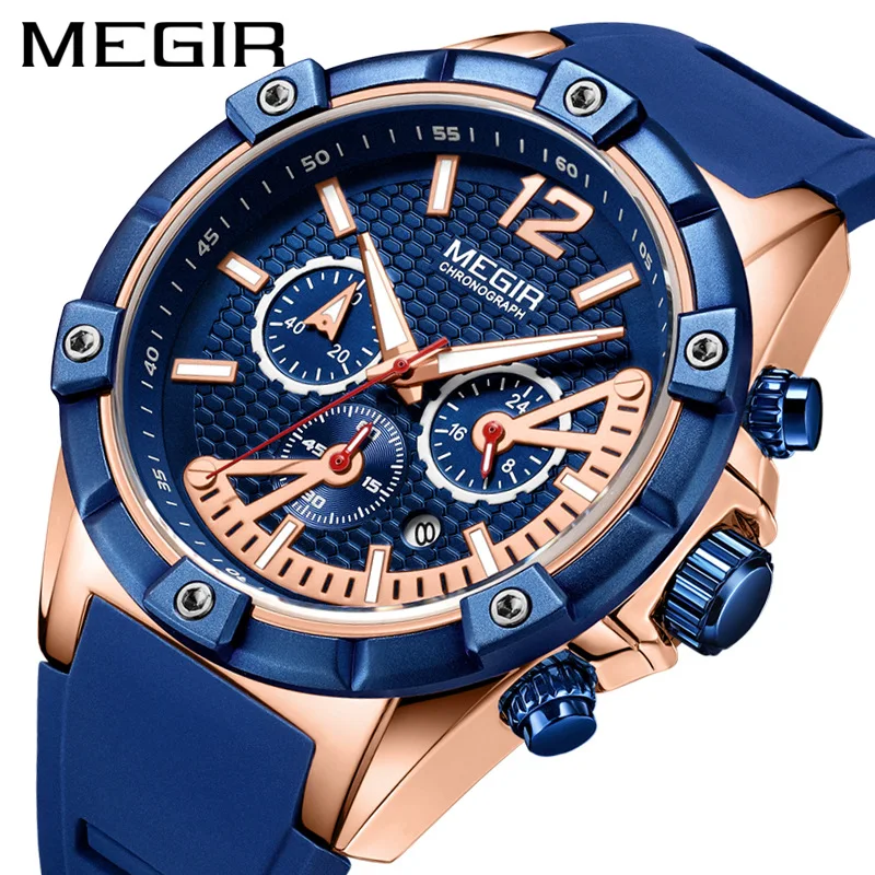 

MEGIR Casual Fashion Blue Silicone Quartz Men Watch Multifunction Chronograph Watches Luminous 30M Waterproof Clock Reloj Hombre