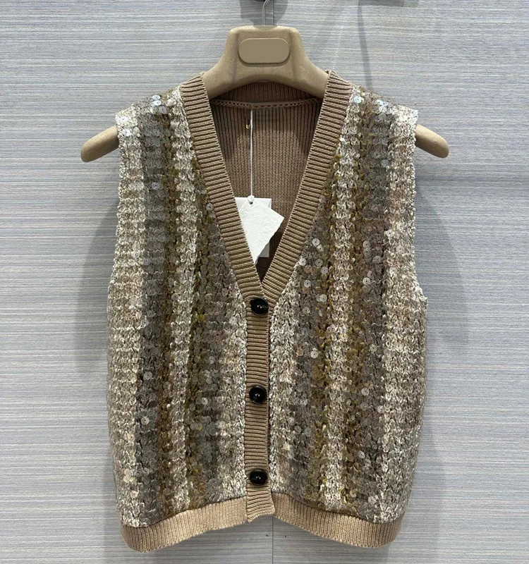 

2023 High Quality Heavy Industry Sequin Knitted Vest Old Money Fashion Retro V-Neck Stripe Slim Fit Short Tank Top Vest