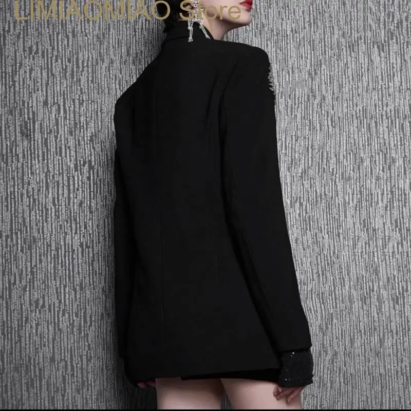 New Runway Style Stylish Handmade Crystal Flower Black Blazer For Women Fashion Female Loose Party Jacket Blazer Mujer De Moda