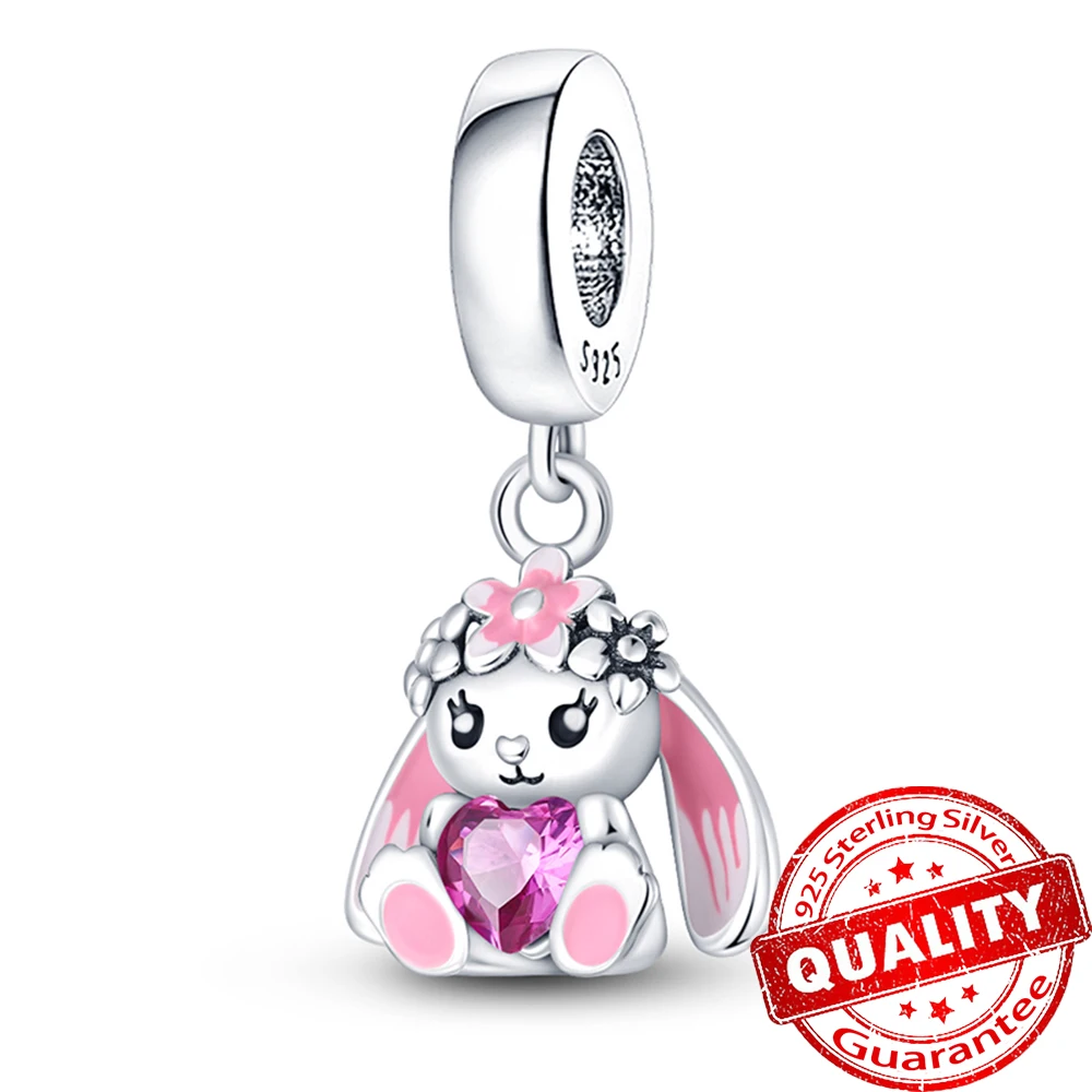 

New Arrival Sterling Silver Charm Fit Pandora Bracelet 925 Silver Animal Flower Rabbit Holding Heart Charm Girl DIY Jewelry Gift