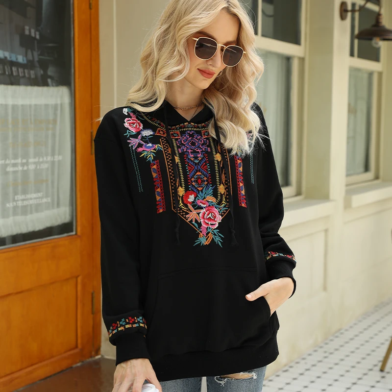 Eaeovni Women's Casual Hoodies Boho Mexican Embroidered