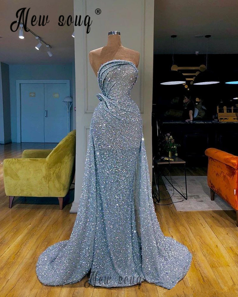 

Sparkly Blue Crystals Evening Dress Strapless Mermaid Pleated Full Beaded Wedding Party Gowns for Women Custom Made Large Size
