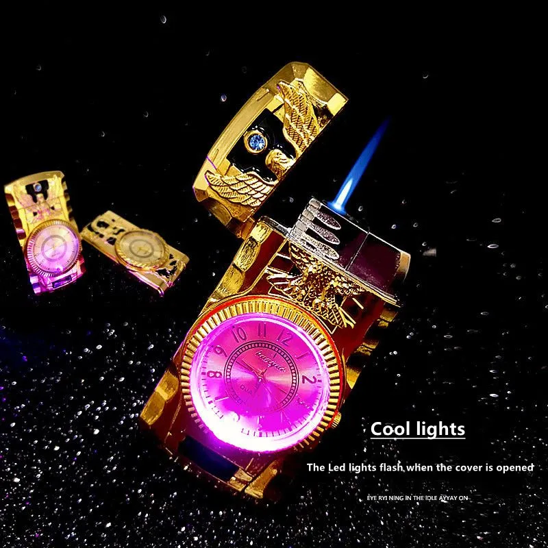 Cool Luminous Watch Lighter Metal Electric Windproof Inflatable Lighter Jet Blue Flame Butane Torch Men's Smoking Gadget