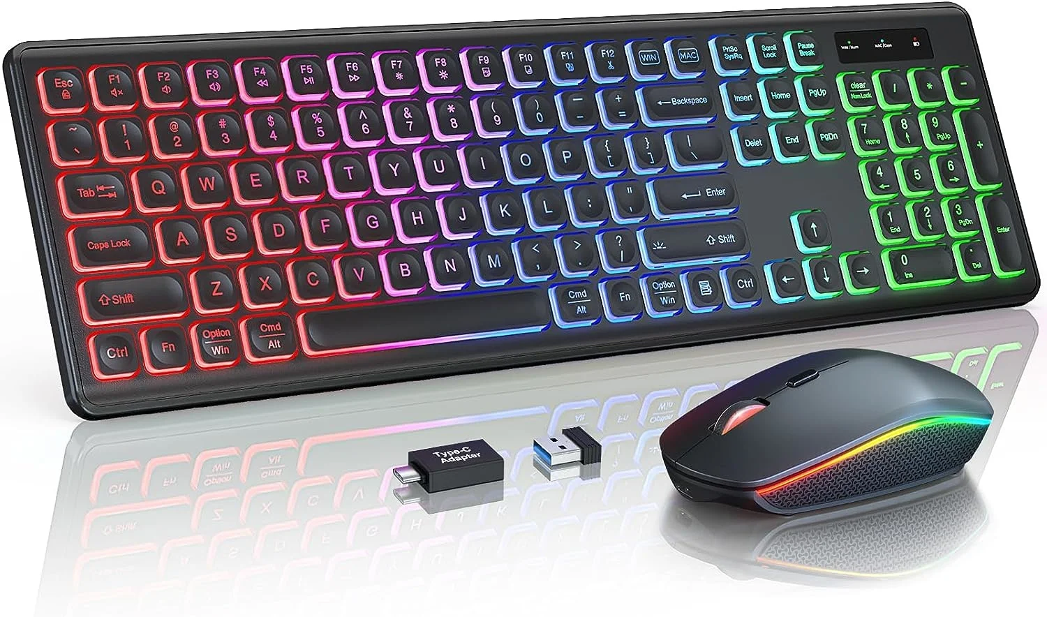 Combinação de teclado e mouse sem fio RGB retroiluminado, letras iluminadas recarregáveis, tamanho completo, ergonômico, modo de suspensão, 2,4 GHz
