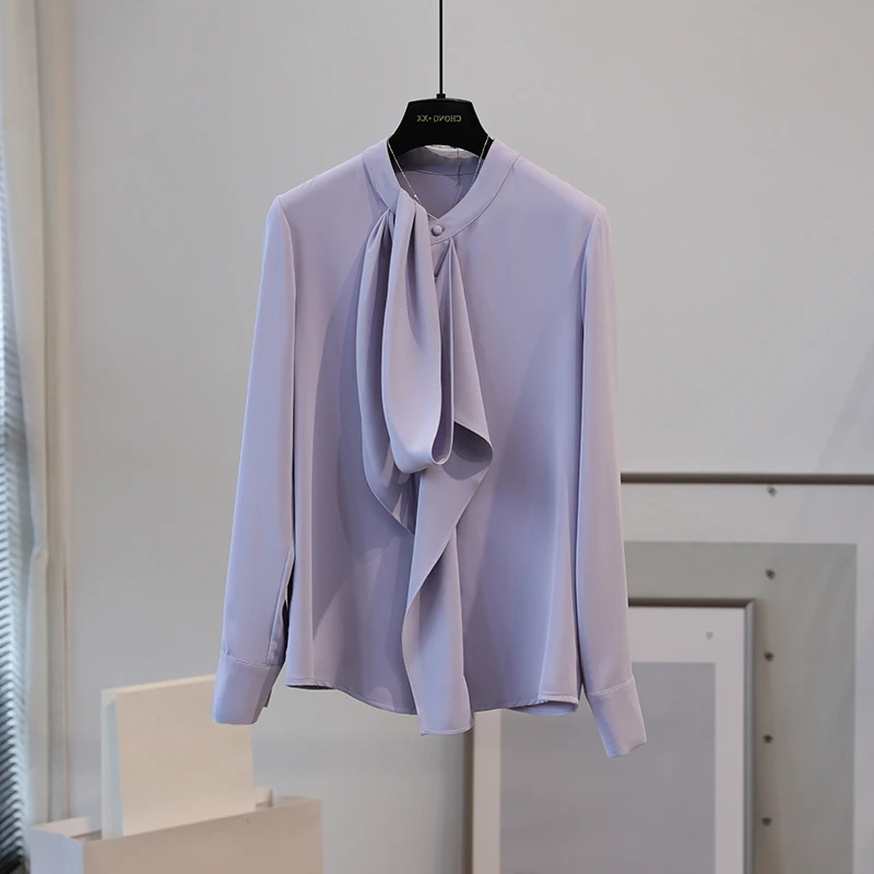 

Solid Chiffon Women Shirts Summer New Design 2023 Bow Neck Purple Long-Sleeved Slim Elegant Office Lady Outwear Tops