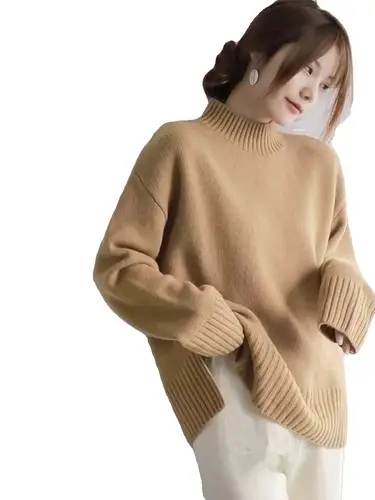 European100% pure cashmere sweater women's half turtleneck slit short sweater lazy loose knit base shirt 2023 autumn and winter - Image 5