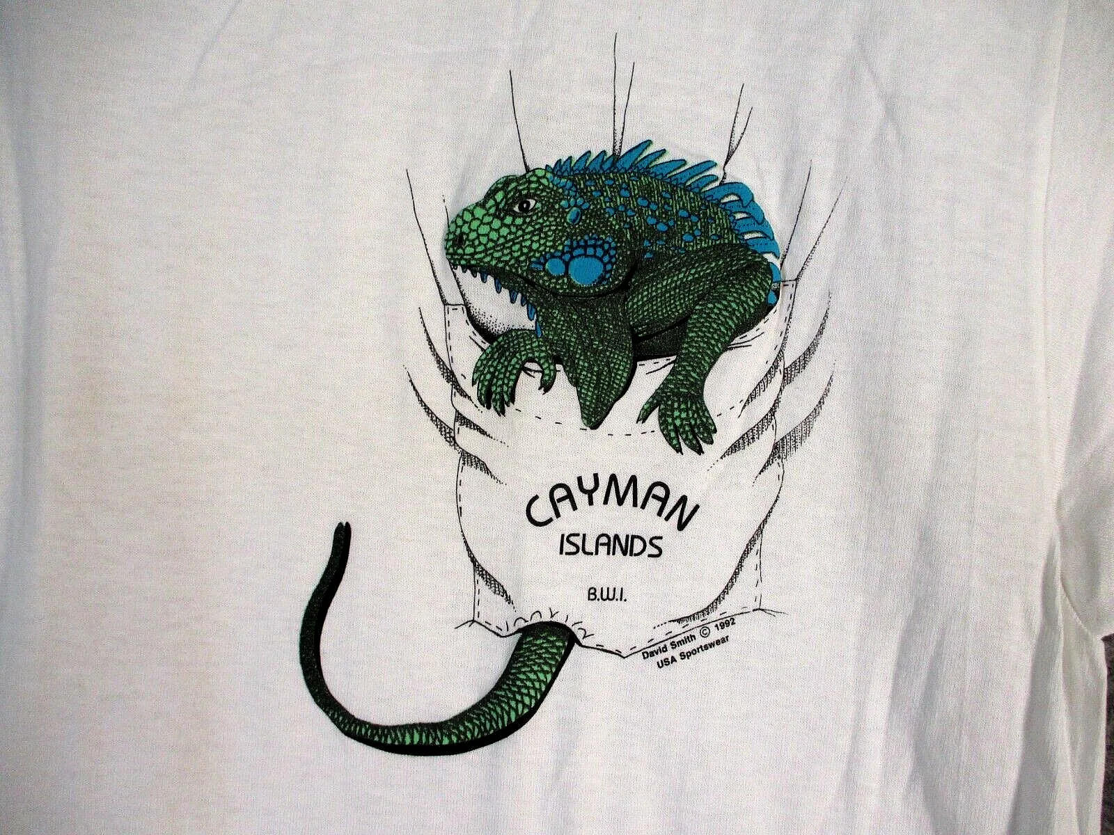 Camicia Vintage Anni '90 Iguana Adulto Xl Bianco David Smith Cayman Island Bwi