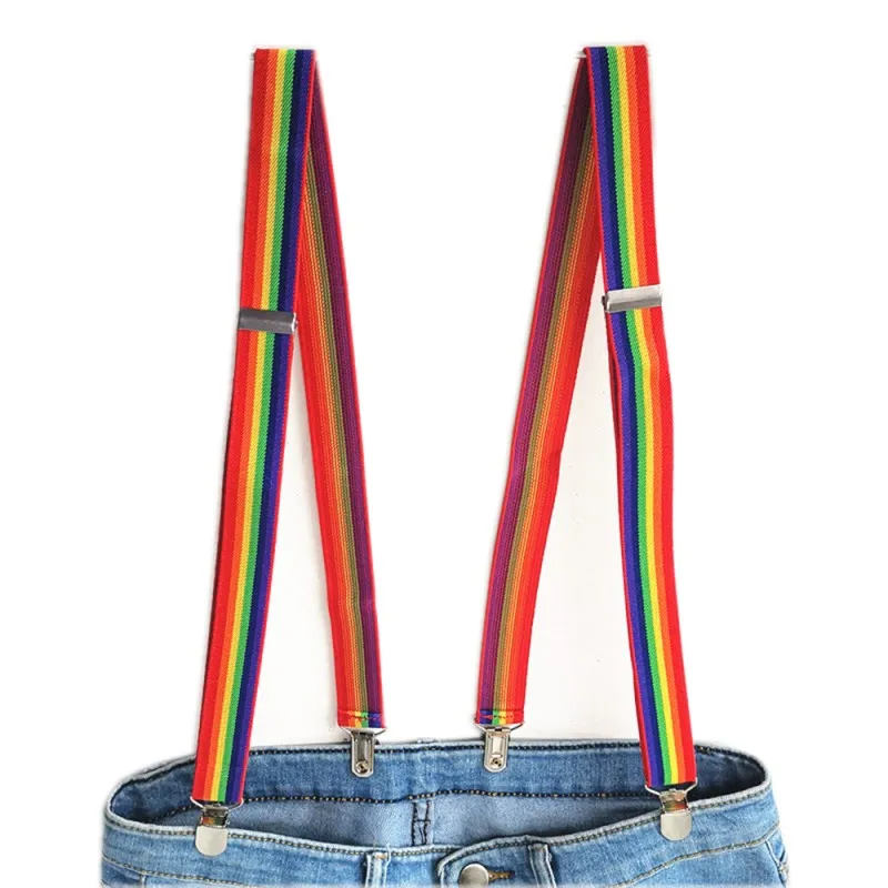 

No Cross Suspenders for men 2.5CM Wide Elastic Rainbow Striped women Suspenders 4 Clips on Adjustable Adult Kids Size good Gift
