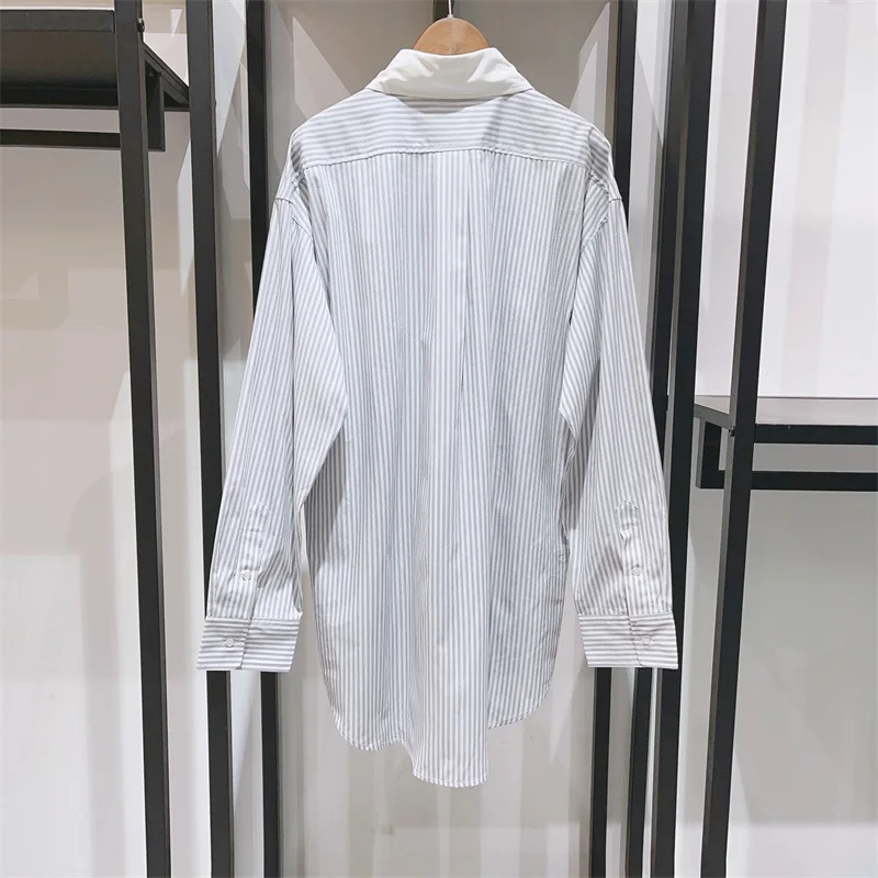 

Women Spring and Summer Casual Commuting Vertical Stripe Embroidered Color Block Long Shirt