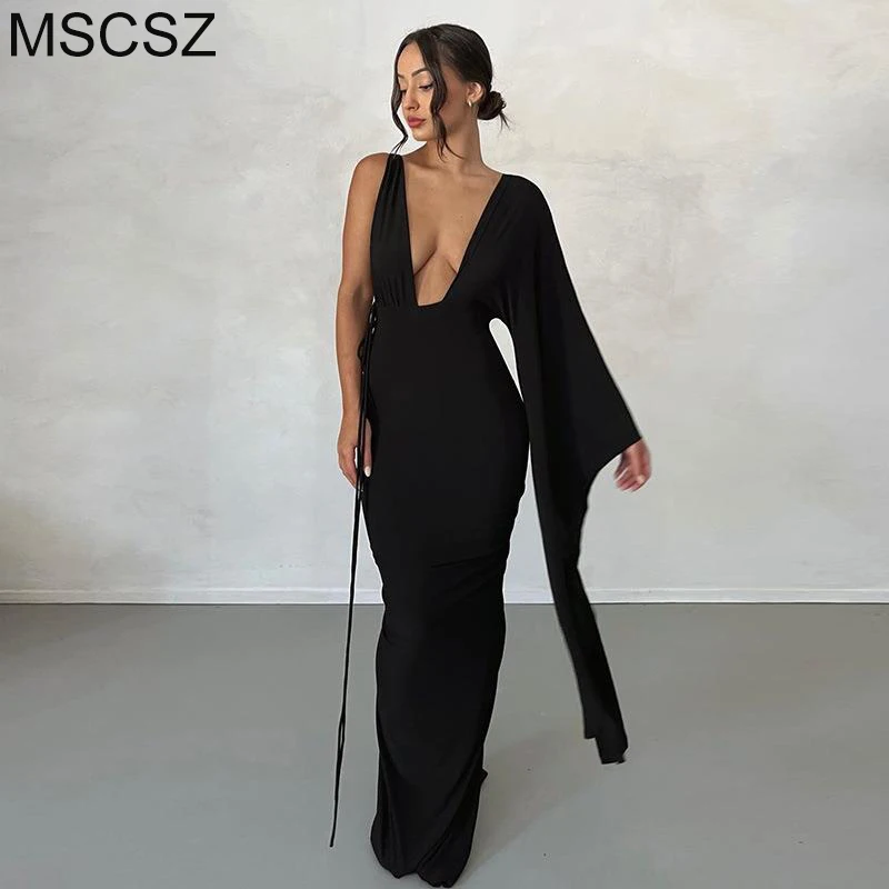 

Deep V-Neck Backless Maxi Dress Butterfly Long Sleeve Elegant Party Dress For Women 2023 Ruched Bodycon Fomral Occasion Dress