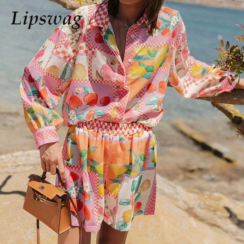 

Summer 2024 Lapel Collar Button Shirt Tops&High Waist Pants Set Elegant Long Sleeve Beach Hawaii Outfit New Printed 2PCS Suit