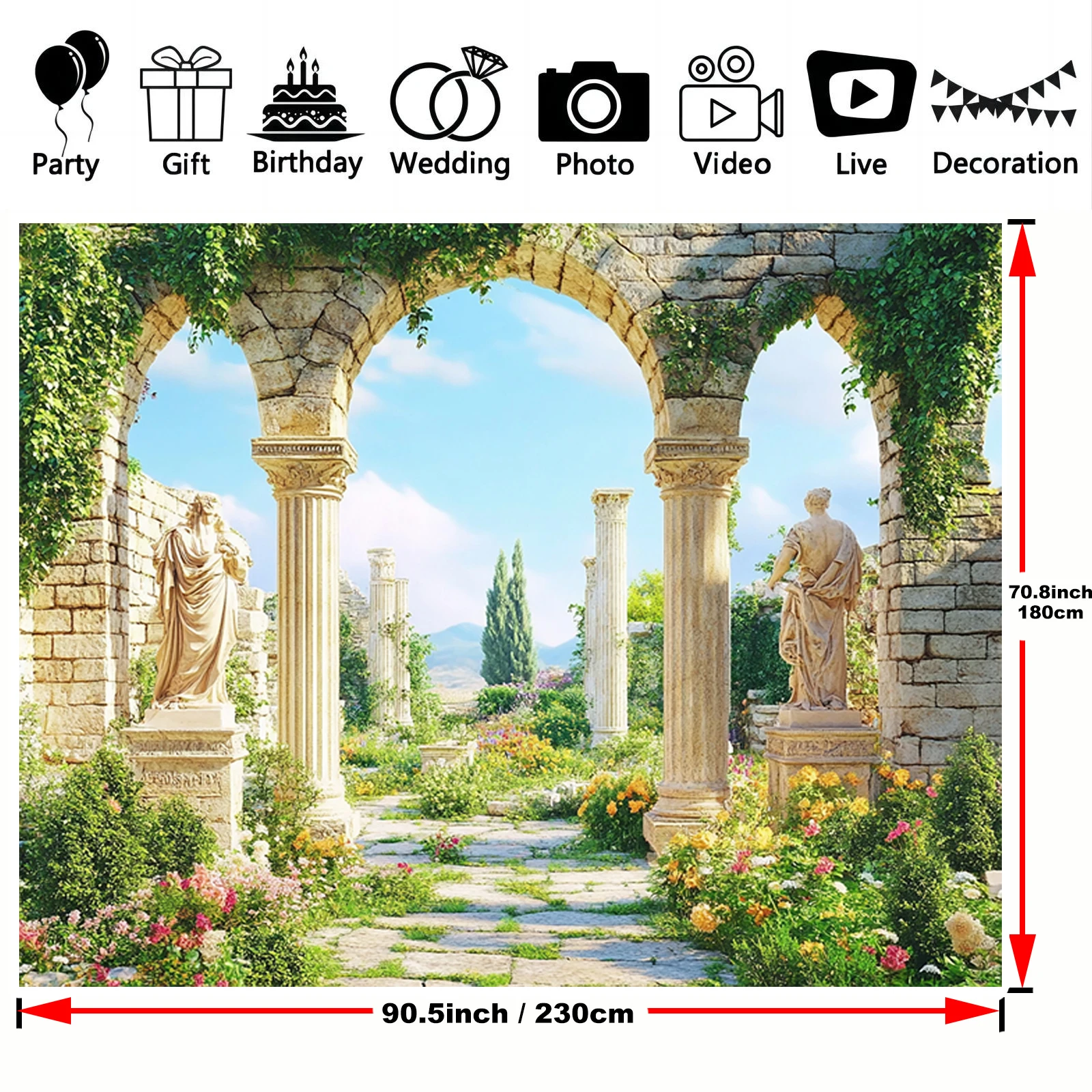 1-teiliges antikes griechisches Gartenparty-Hintergrundtuch mit Steinbogen-Design, geeignet für Hochzeiten, Geburtstage, Jubiläen – Detail 2