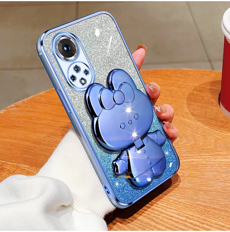 Honor50 Glitter Rabbit Makeup Mirror Holder Case On For Huawei Honor 60 50 90 30 20 Lite 30s Soft Cover Nova 10 11 Pro_voghion.com
