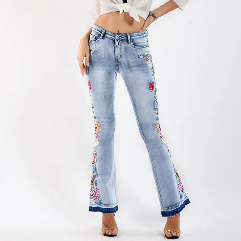 Flare Jeans for Women Vintage Embroidery Flared Jeans Stretch 3
