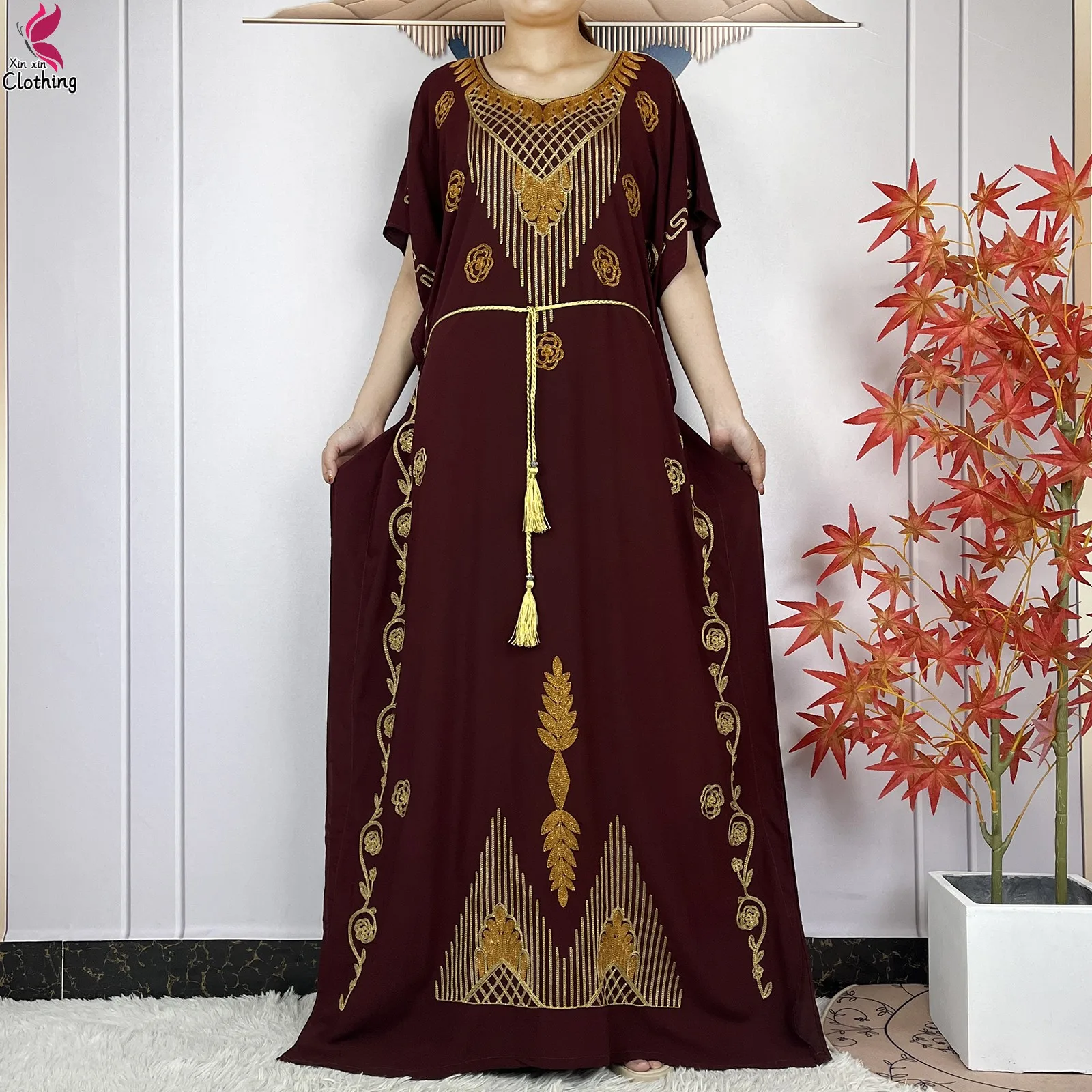 طقم فستان إسلامي بأكمام قصيرة للنساء ، رداء قطني ف...