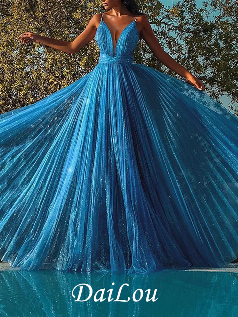 

A-Line Prom Dresses Glittering Puffy Dress Engagement Formal Evening Floor Length V Neck Sleeveless Tulle with Pleats