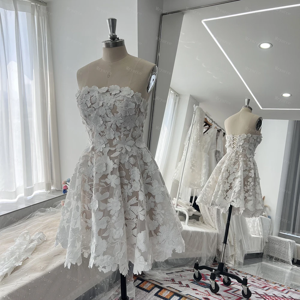 Mryarce 3D-Spitzenblumen, trägerlos, kurze Brautkleider, Braut-Minikleid mit abnehmbaren Ärmeln – Detail 9