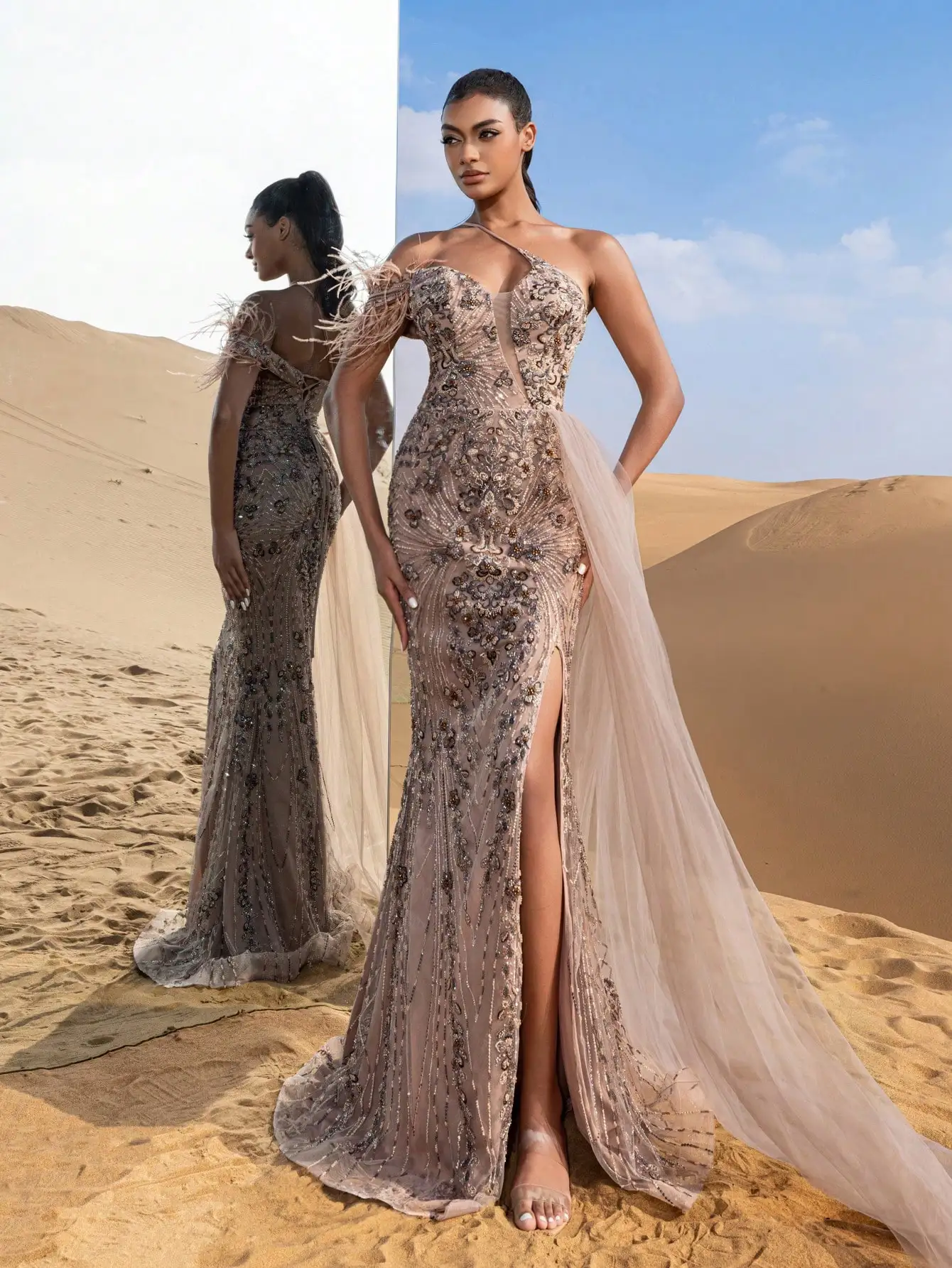 رائع غير متناظرة الرقبة رايات الجانب حورية البحر ت...