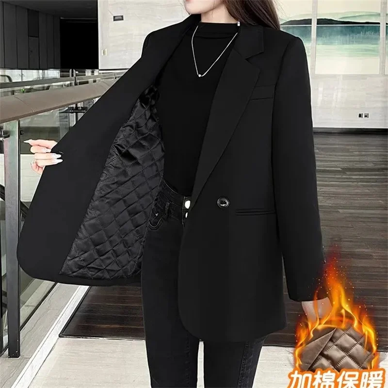 

Черный женский костюм, куртка, Осень-зима 2024, новое пальто, утепленная хлопковая верхняя одежда с зажимом, дикая Модная Повседневная Блейзер, Женский Топ