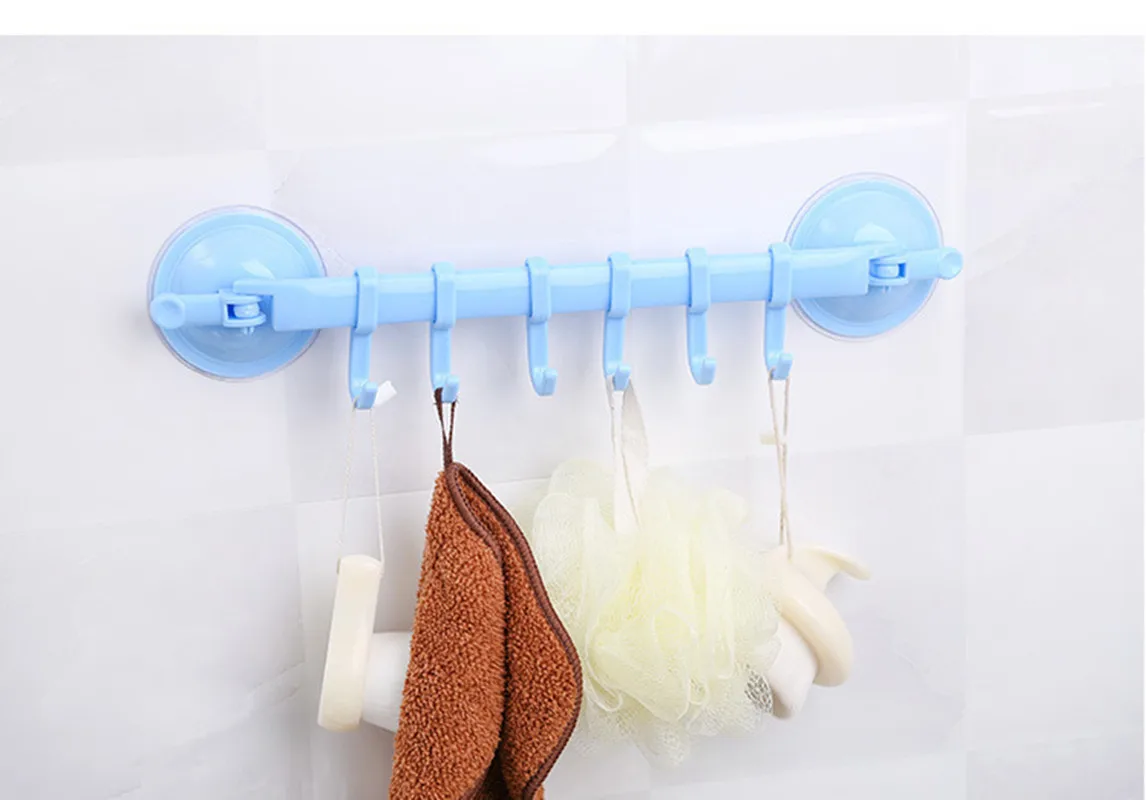 6 Hooks Plastic Suction Cup Kitchen Hanger Organizer Bath Towel Clothes Bathroom Hook Cooking Tool Vacuum Storage Rack Free Nail