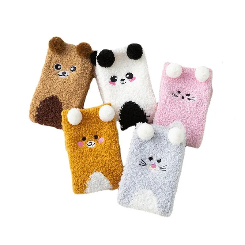 

5 Pairs/lot Woman Coral Velvet Dog Panda Women's Socks Three-dimensional Autumn Winter Thickened Warm Socks Cartoon Socks