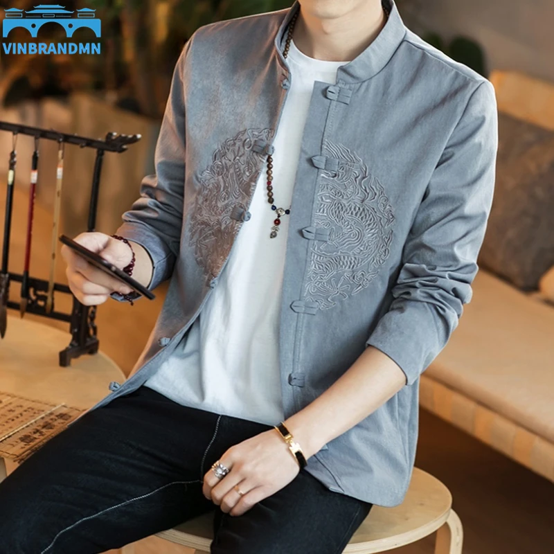 

Vinbrandmn Solid Dragon Embroidery Linen Jacket Men 2022 Japanese Streetwear Men Jacket Winter Jackets For Men Brand Coat