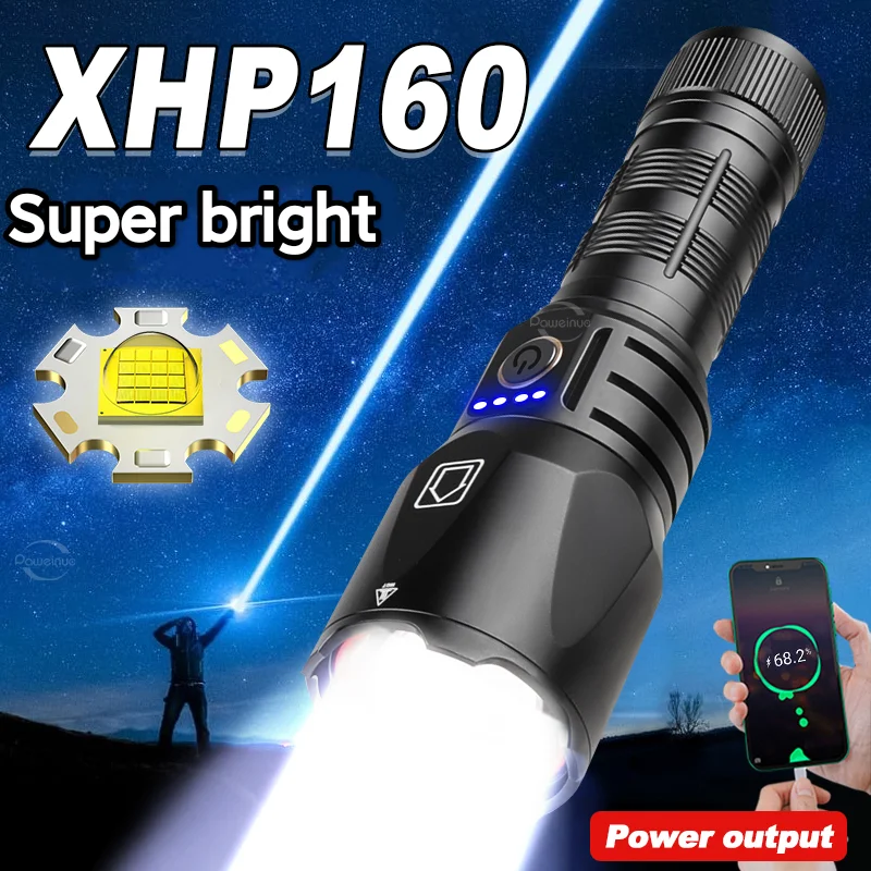 Powerful XHP160 Flashlight Rechargeable Lamp Led Torch Light Super