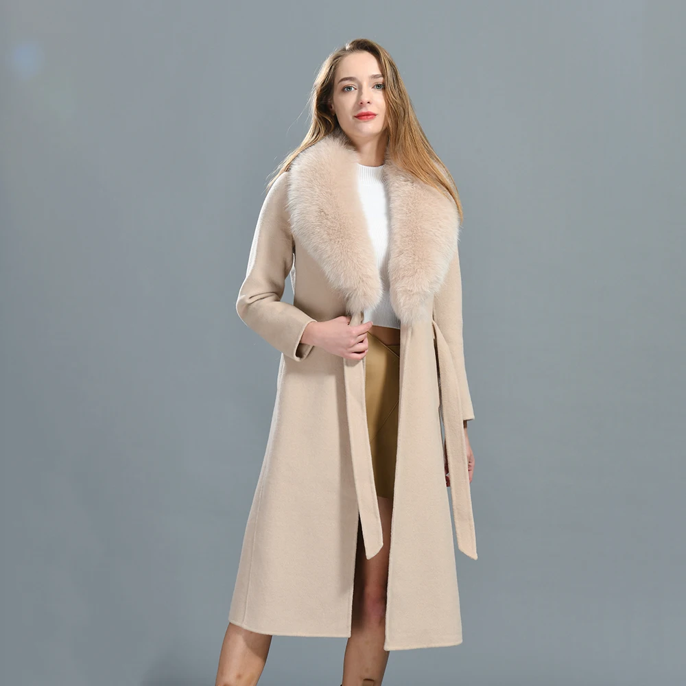 

Luxyonuo Women Cashmere Coat Luxury Fox Fur Collar Long Trench Coats Belt Slim Solid Color Full Sleeves Ladies Winter Outwear