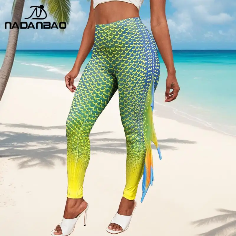 Nadanbao Women Mermaid Leggings 3D Print Fish Scale Pants Elastic Sexy Tights Fashion Yoga Pants Trousers Holiday Clothes