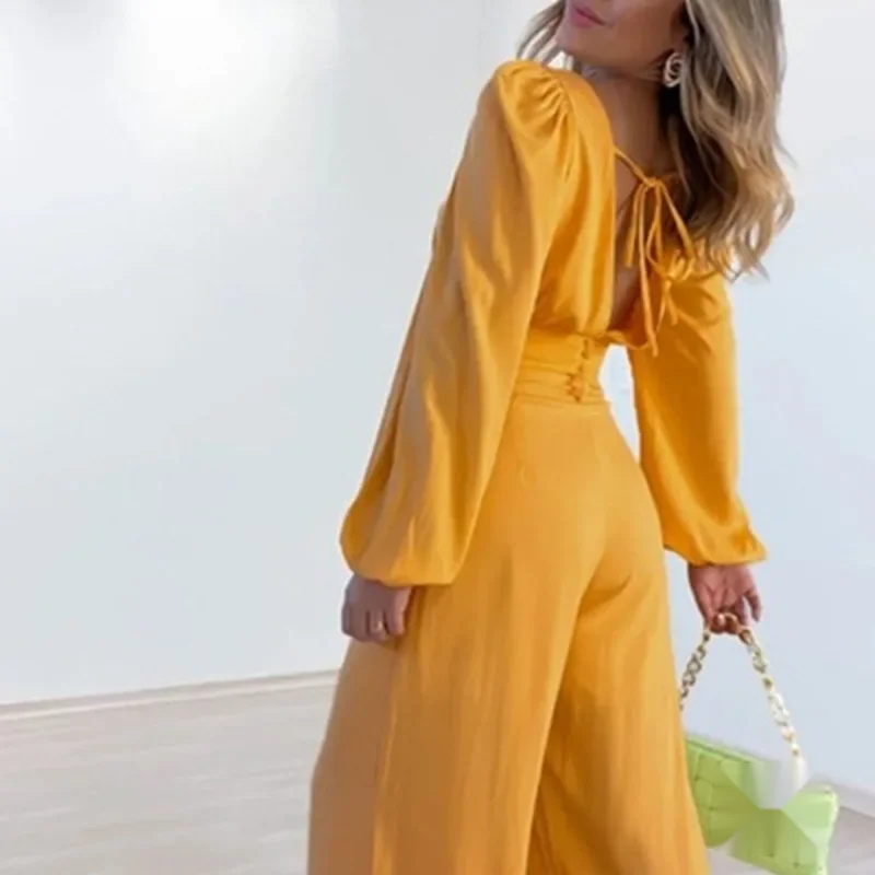 Autumn Sexy V Neck Crop Tops High Waist Trousers Suit Women Elegant Wide Leg Pants Outfits Casual Puff Long Sleeve Shirt Set
