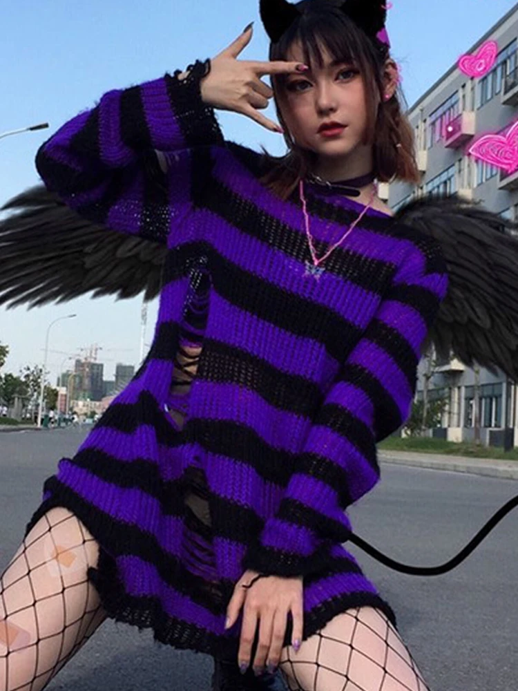 Punk Alt Clothes Grunge Emo Hollow Sweater Tops E Girls Harajuku Dark Hole Striped Oversized T Shirts Cyber Y2k Gothic Tshirt T Shirts Aliexpress