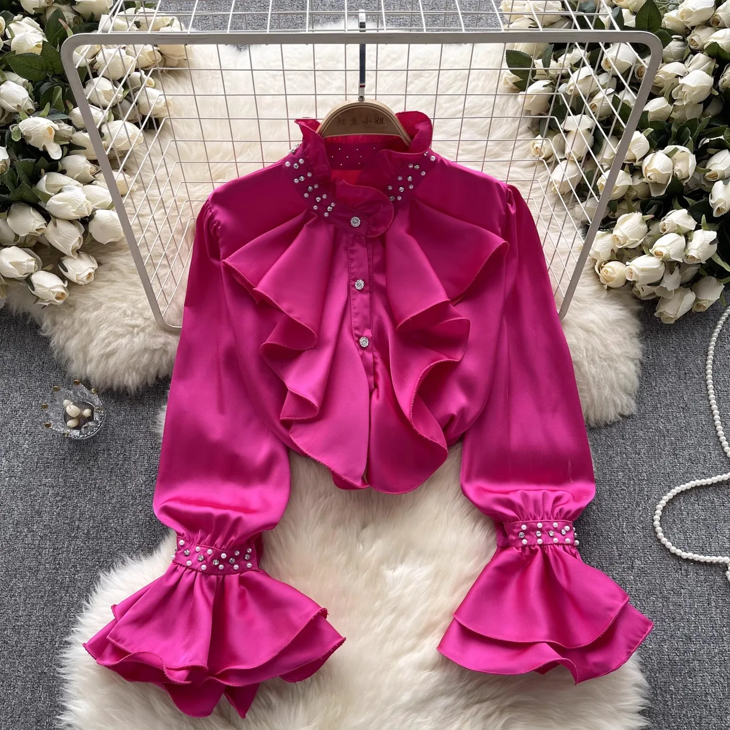 

Banulin High Quality Satin Loose Shirt Long Flared Sleeves Ruffles O Neck Beading Women Gentle Office Lady Casual Blouse Tops