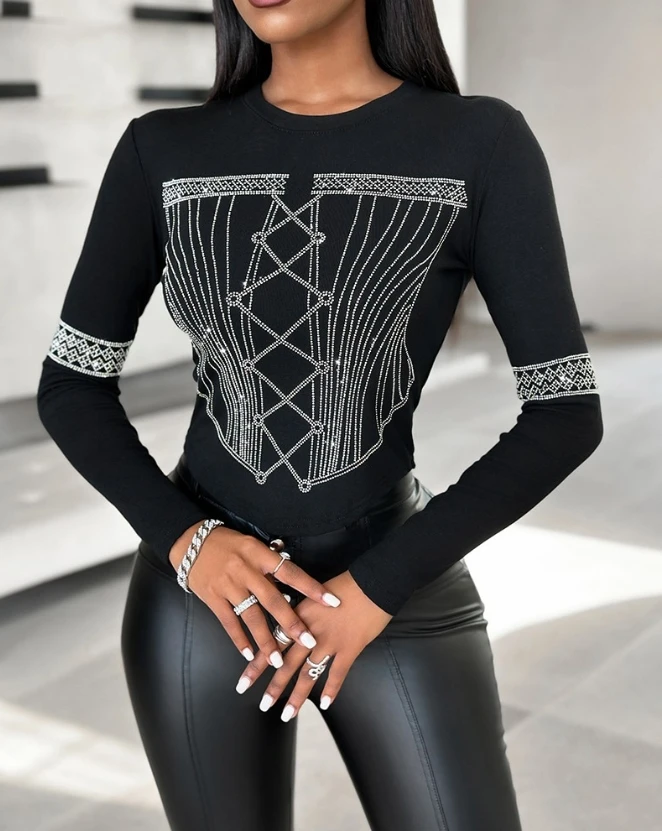 

Fashion 2024 Spring Fall Women Casual Long Sleeve Tee Tops Rhinestone Graphic Pattern Round Neck Slim Fit Pullovers Tee Y2k