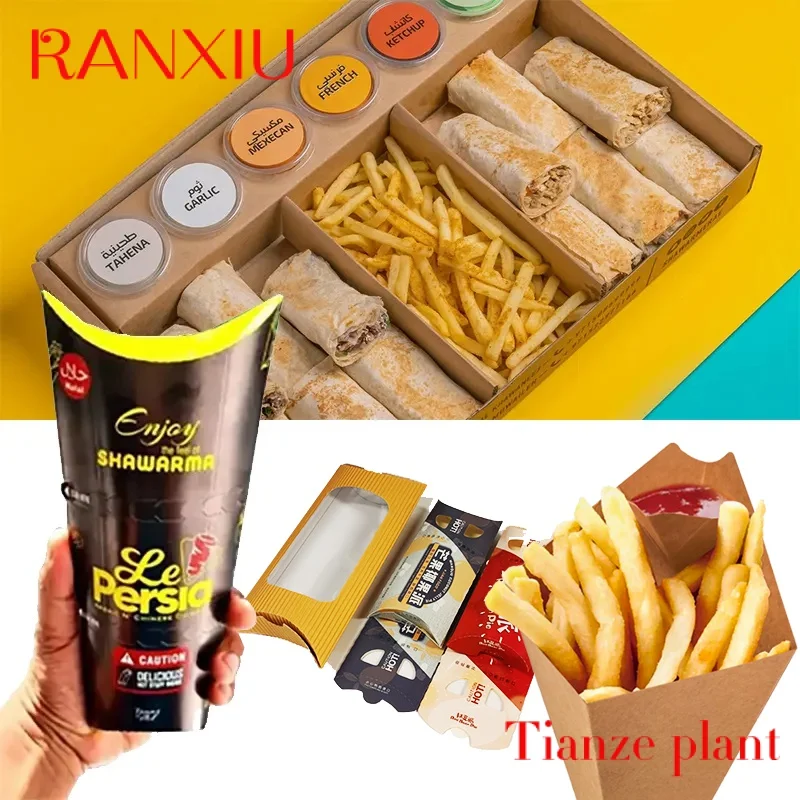 Custom Custom Logo Shawarma Packaging Box Cardboard, Food Grade Design Kebab Paper Boxes, French Fries Cone Boxes for Small Busi custom eco friendly custom logo takeaway food delivery pizza paper boxes corrugated cardboard 12 inch large pizza packaging box