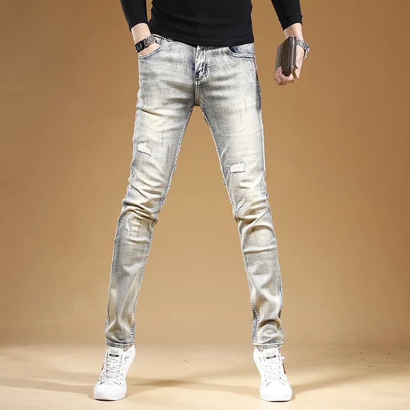 

Men Light Autumn Blue Ripped Jeans Streetwear Slim Fit Pencil Pants Vintage Casual Stretch Denim Trousers