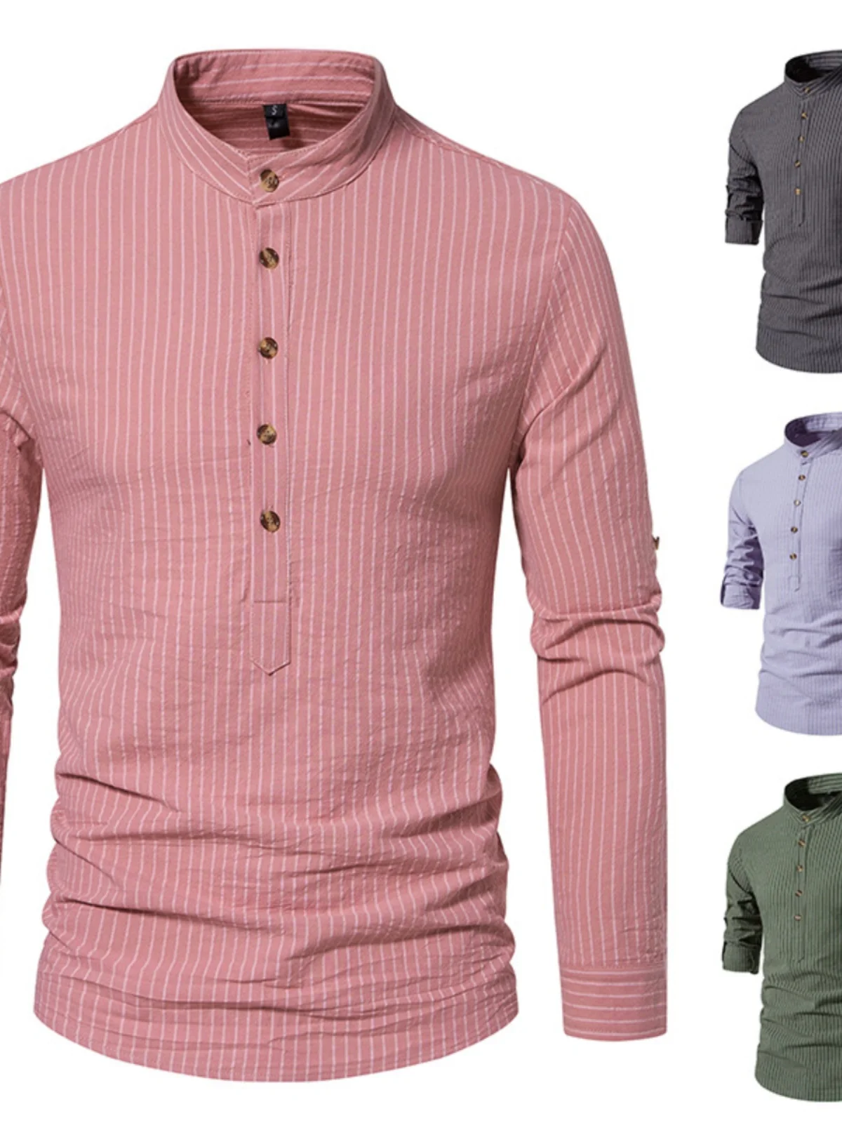 

2024 Autumn New Long Sleeved For Henley Neck Button Large Striped Trendy Men's Shirts