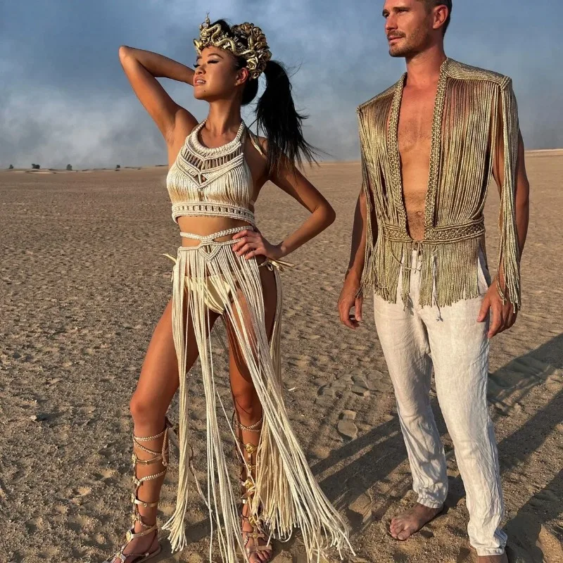 Handmade Knitted Crochet Women Cover Ups Off Shoulder Solid Tassel Crop Top Long Maxi Skirts Set 2025 Summer Beach Bathing Suit 1