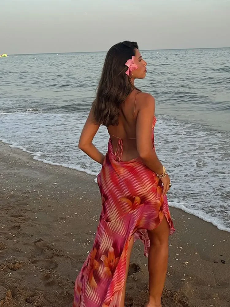 Chic Flower Printed V Neck Beach Dress For Women Fashion Sleeveless Backless Ruffles Midi Dresses 2025 Summer Lady Holiday Robes 3