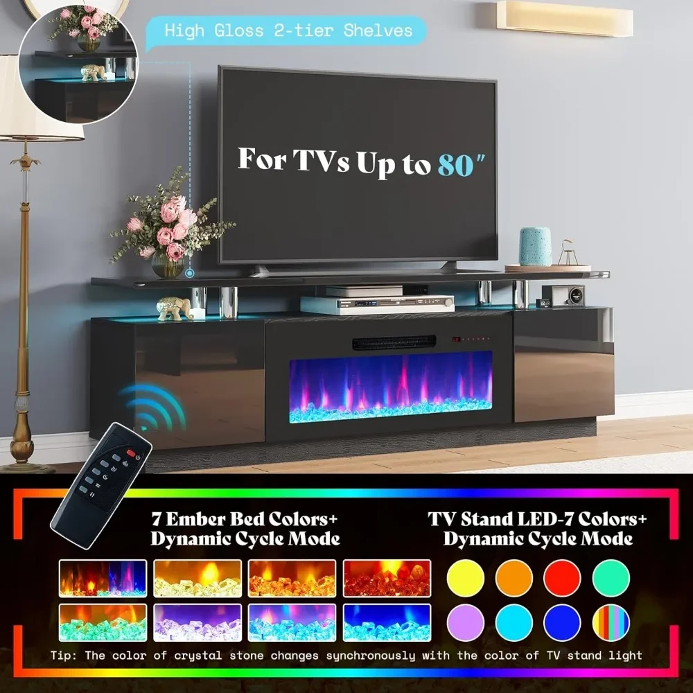 Fireplace TV Stand with 36" Fireplace, 70" Modern High Gloss Fireplace Center LED Lights, for TVs Up to 80" 5