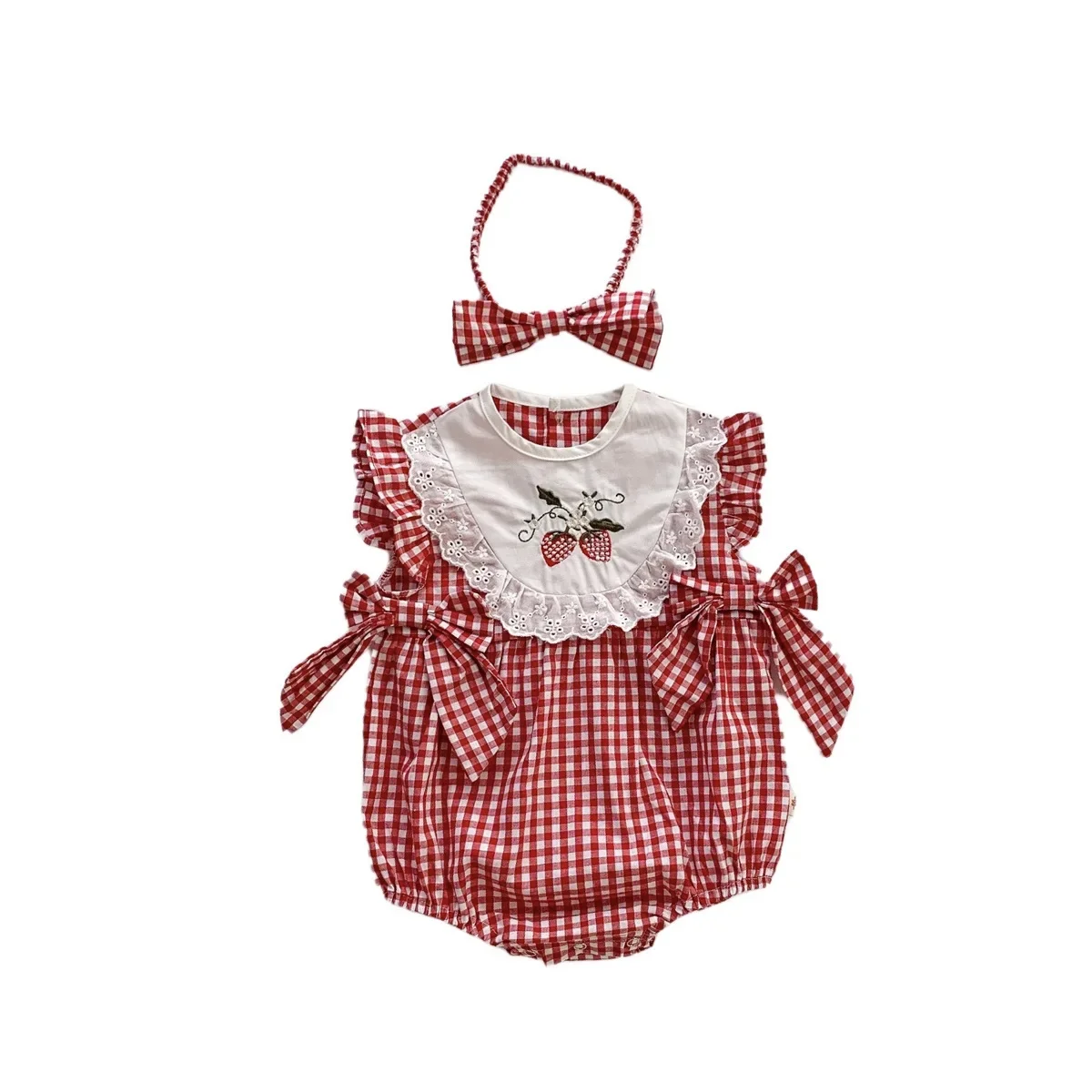 Red Plaid Lightweight Embroidered Lace Cotton Triangle Romper Baby Girl Summer Crawling Suit Footed Onesie