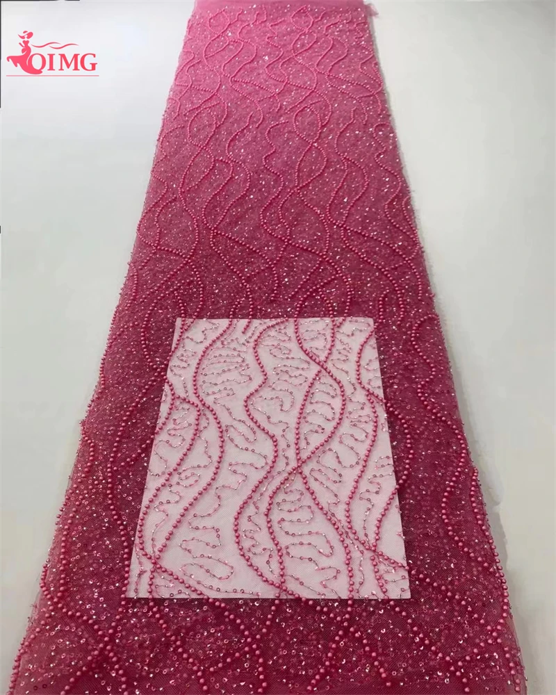 

OIMG French Beads Tube Embroidery Tulle Lace Fabric With Sequins 2023 High Quality African Heavy Bead Fabric For Wedding
